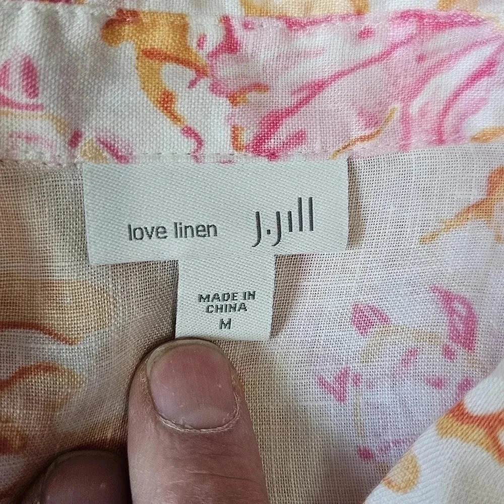 J. Jill Women M Love Linen Blouse Pink Orange Coral Print Pristine Investment - Picture 6 of 7